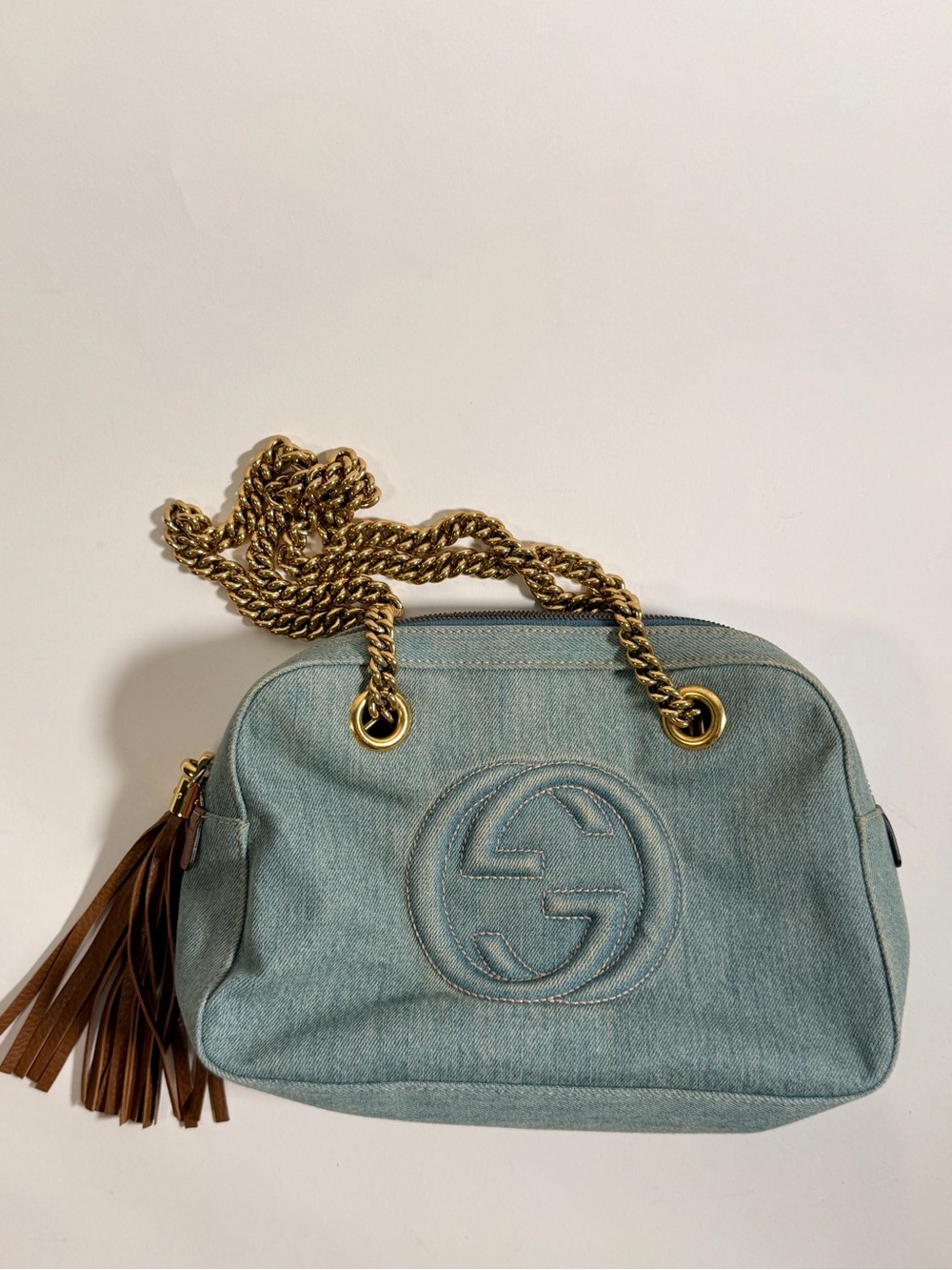 Gucci Soho Light Blue Denim Shoulder Bag with Gold Chain